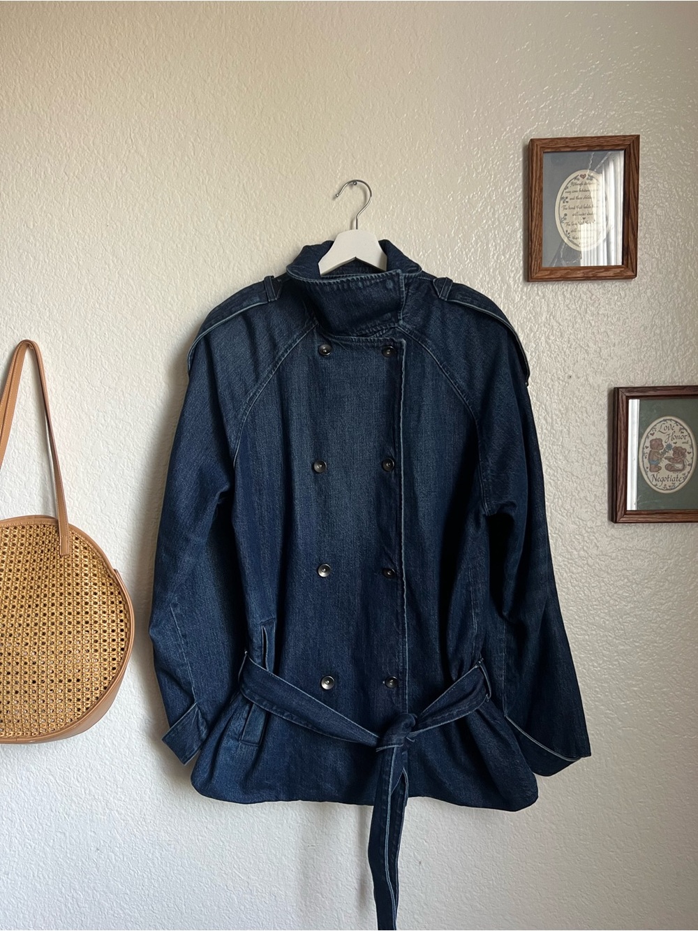 Zara TRF Belt Denim Midi Trench Coat Jacket Blue